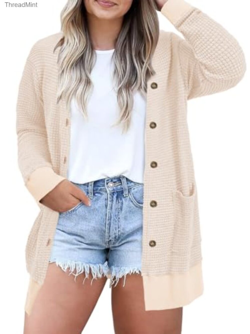 Plus Size Waffle Knit Button Down Cardigan Loose Fit Long Sleeve